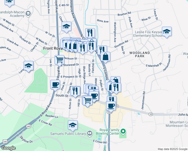 map of restaurants, bars, coffee shops, grocery stores, and more near 242 Fletcher Street in Front Royal