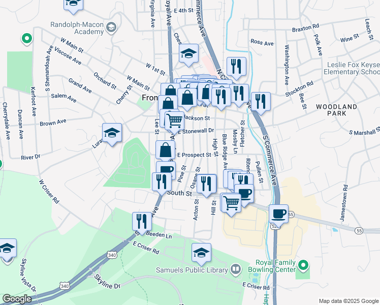 map of restaurants, bars, coffee shops, grocery stores, and more near 241 Church Street in Front Royal