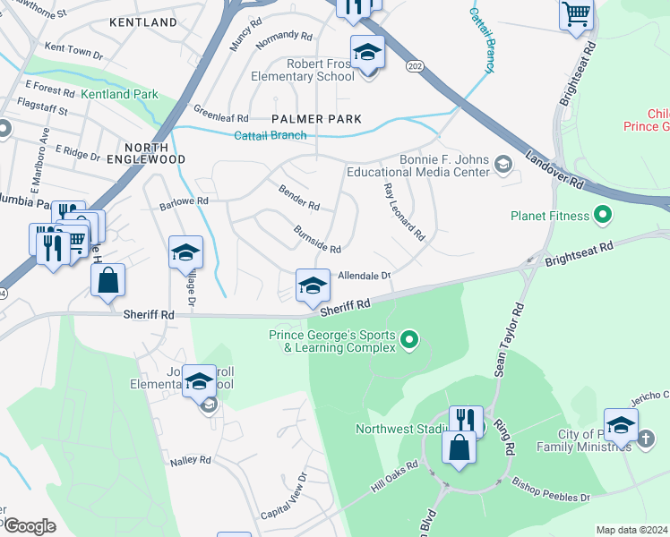 map of restaurants, bars, coffee shops, grocery stores, and more near 7820 Allendale Drive in Hyattsville