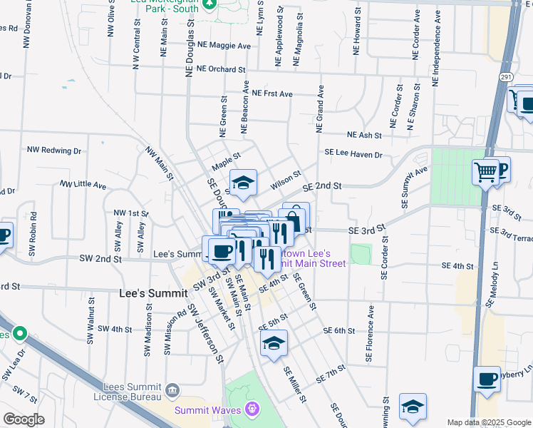 map of restaurants, bars, coffee shops, grocery stores, and more near in Lee's Summit