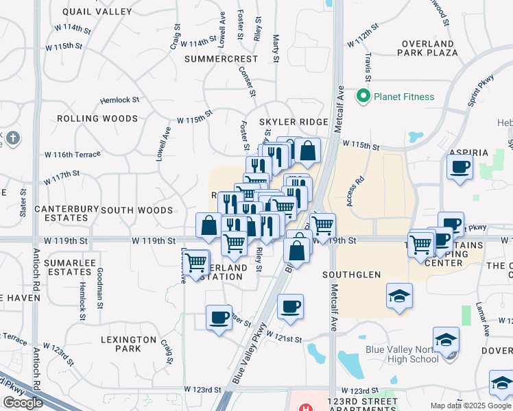 map of restaurants, bars, coffee shops, grocery stores, and more near 7106 West 119th Street in Overland Park
