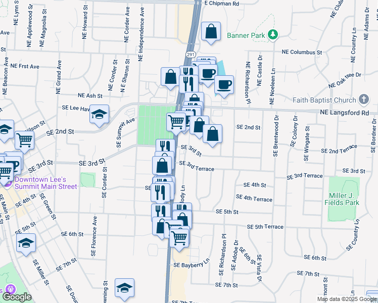 map of restaurants, bars, coffee shops, grocery stores, and more near 905 Southeast 3rd Street in Lee's Summit