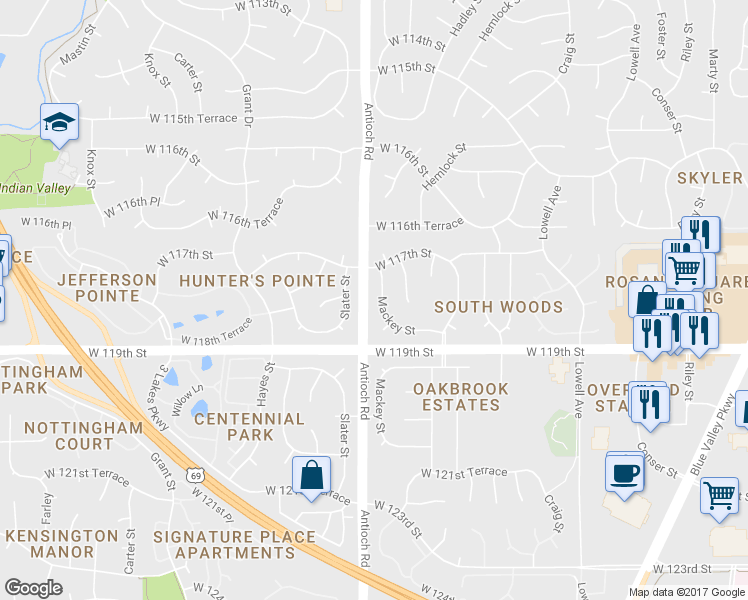 map of restaurants, bars, coffee shops, grocery stores, and more near 11720 Mackey Street in Overland Park