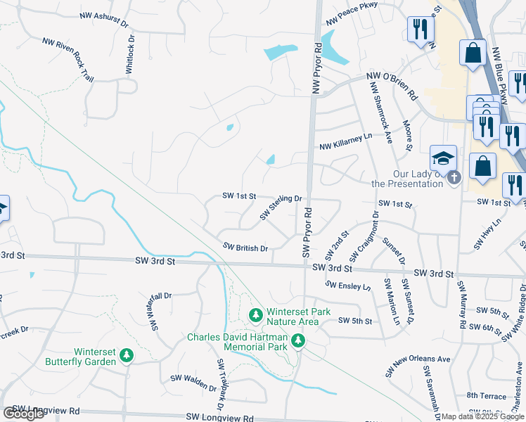 map of restaurants, bars, coffee shops, grocery stores, and more near 2036 Southwest Sterling Drive in Lee's Summit