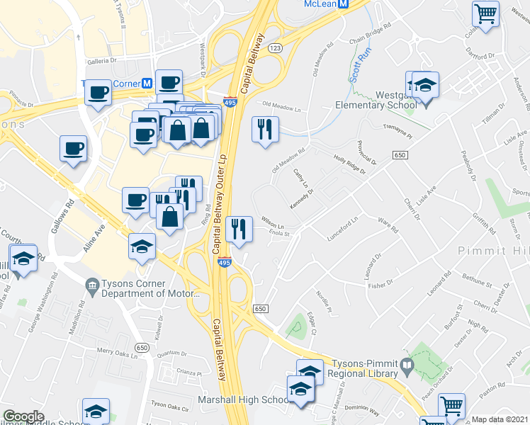 map of restaurants, bars, coffee shops, grocery stores, and more near 1921 Wilson Lane in McLean