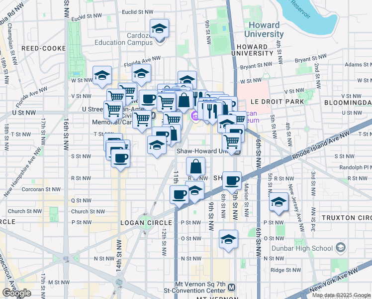 map of restaurants, bars, coffee shops, grocery stores, and more near 1804 10th Street Northwest in Washington
