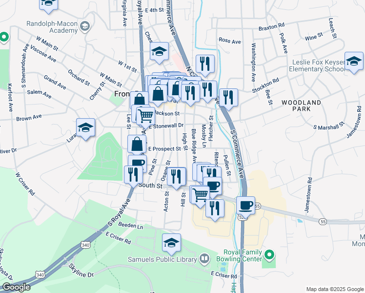 map of restaurants, bars, coffee shops, grocery stores, and more near 310 East Prospect Street in Front Royal