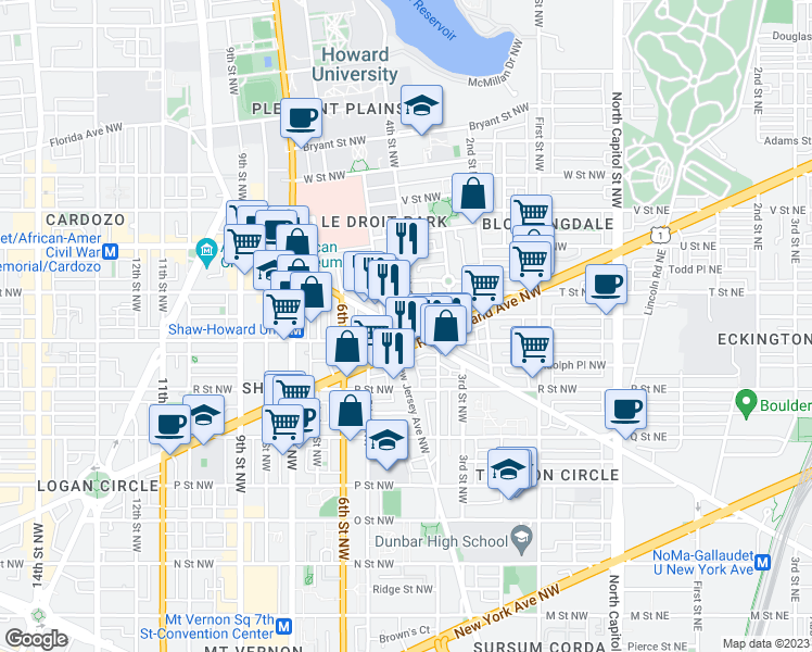 map of restaurants, bars, coffee shops, grocery stores, and more near 409 Florida Avenue Northwest in Washington