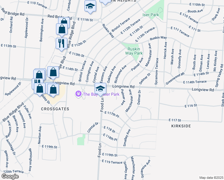 map of restaurants, bars, coffee shops, grocery stores, and more near 7417 Longview Road in Kansas City
