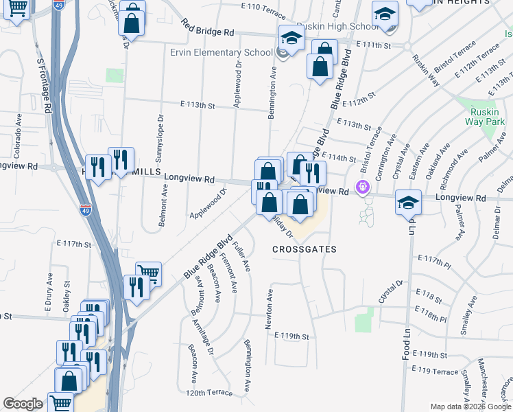 map of restaurants, bars, coffee shops, grocery stores, and more near 11516 Blue Ridge Boulevard in Kansas City