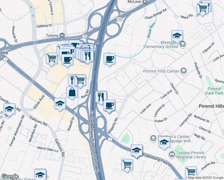 map of restaurants, bars, coffee shops, grocery stores, and more near 1921 Wilson Lane in McLean