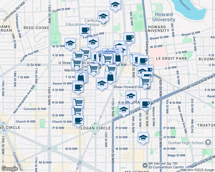 map of restaurants, bars, coffee shops, grocery stores, and more near 1809 12th Street Northwest in Washington