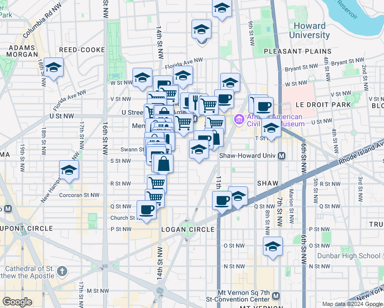 map of restaurants, bars, coffee shops, grocery stores, and more near 1809 13th Street Northwest in Washington