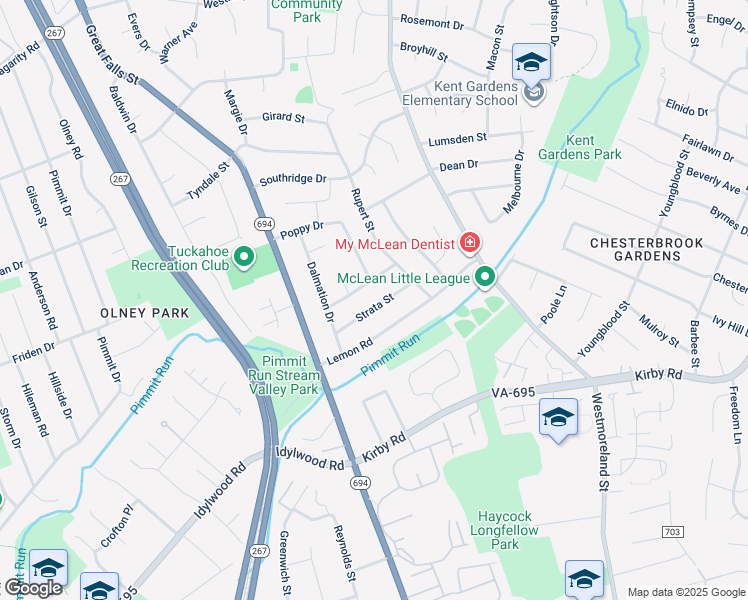 map of restaurants, bars, coffee shops, grocery stores, and more near 6850 Strata Street in McLean
