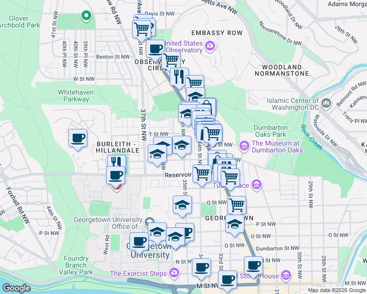 map of restaurants, bars, coffee shops, grocery stores, and more near 35th Street Northwest in Washington