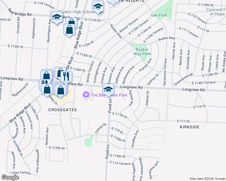 map of restaurants, bars, coffee shops, grocery stores, and more near 7417 Longview Road in Kansas City
