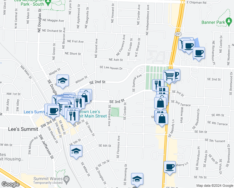 map of restaurants, bars, coffee shops, grocery stores, and more near 238 Southeast Florence Avenue in Lee's Summit