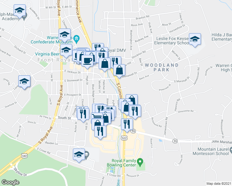 map of restaurants, bars, coffee shops, grocery stores, and more near 566 East Prospect Street in Front Royal