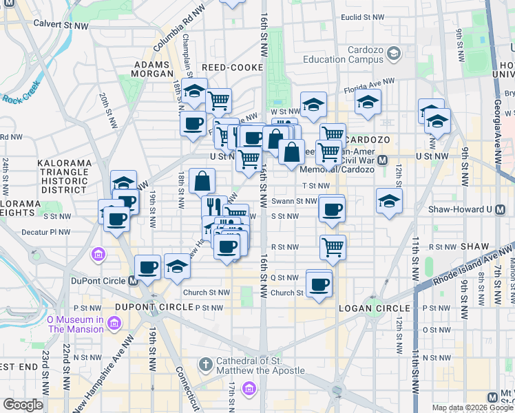 map of restaurants, bars, coffee shops, grocery stores, and more near 1816 16th Street Northwest in Washington