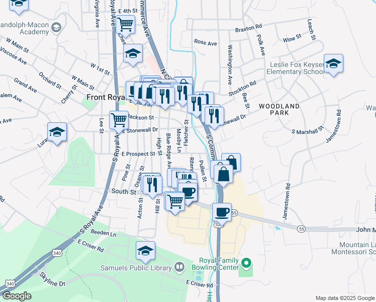map of restaurants, bars, coffee shops, grocery stores, and more near 242 Fletcher Street in Front Royal