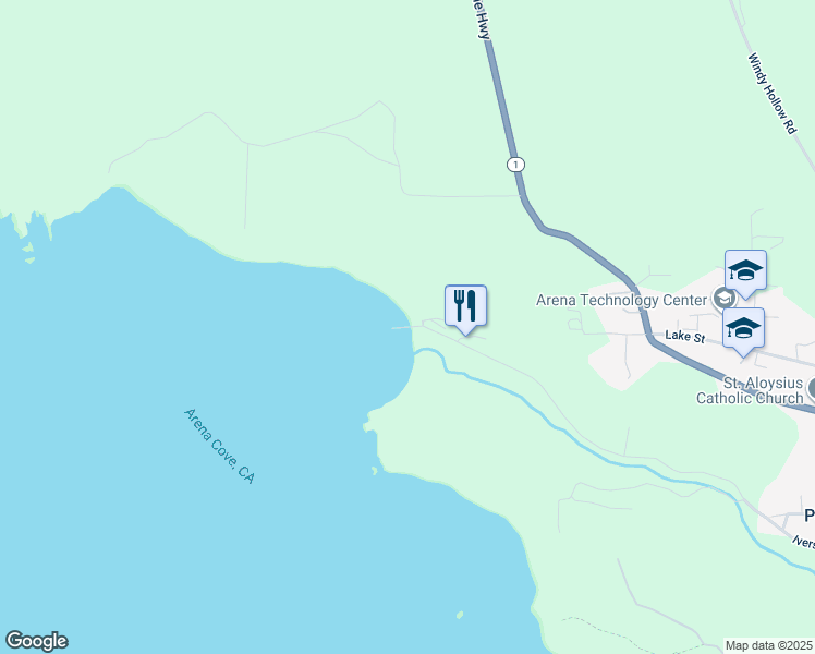 map of restaurants, bars, coffee shops, grocery stores, and more near Point Arena Wharf in Point Arena