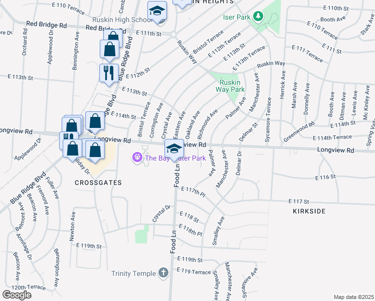 map of restaurants, bars, coffee shops, grocery stores, and more near 7417 Longview Road in Kansas City