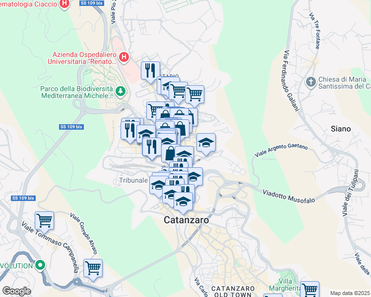map of restaurants, bars, coffee shops, grocery stores, and more near 45 Via Alcide de Gasperi in Catanzaro