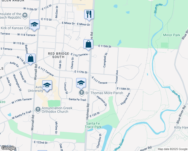 map of restaurants, bars, coffee shops, grocery stores, and more near 11701 Holmes Road in Kansas City