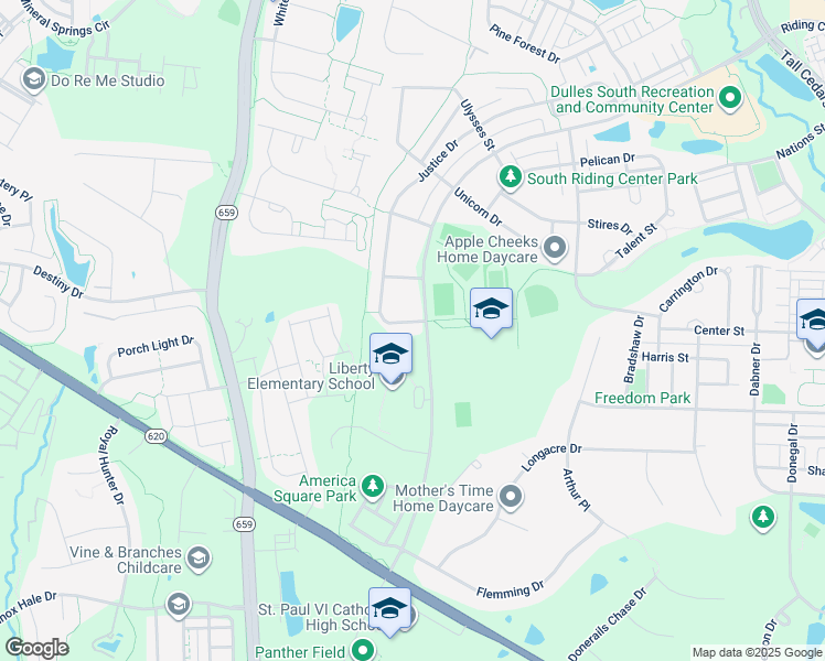 map of restaurants, bars, coffee shops, grocery stores, and more near 25363 Justice Drive in South Riding