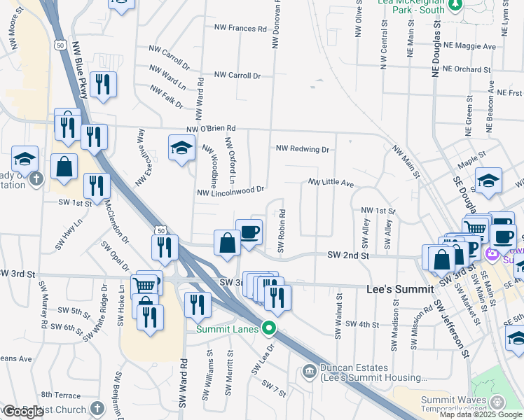 map of restaurants, bars, coffee shops, grocery stores, and more near 100 Southwest Hillcrest Lane in Lee's Summit