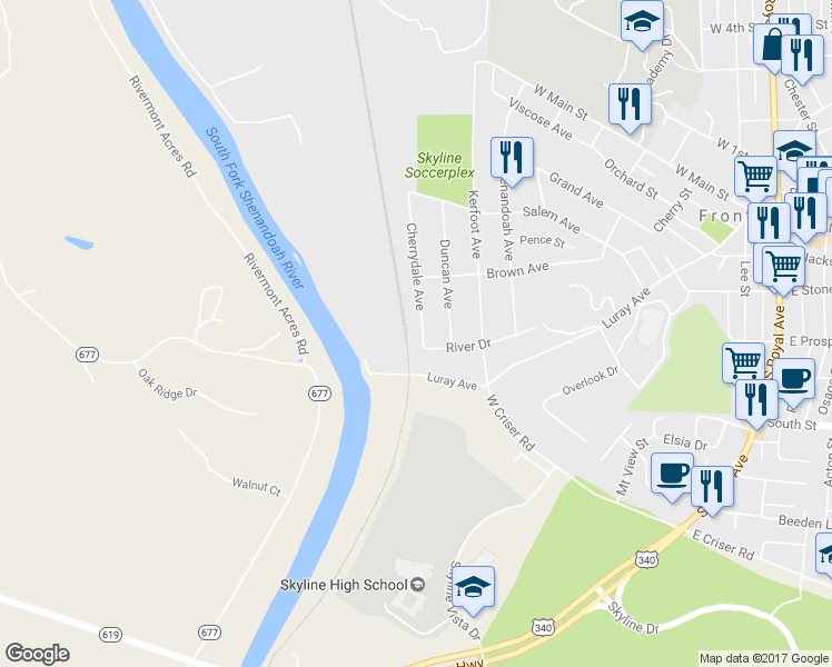 map of restaurants, bars, coffee shops, grocery stores, and more near 462 Cherrydale Avenue in Front Royal