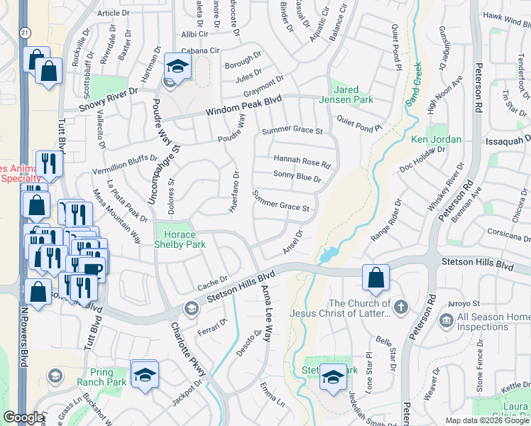 map of restaurants, bars, coffee shops, grocery stores, and more near 6664 Akerman Drive in Colorado Springs