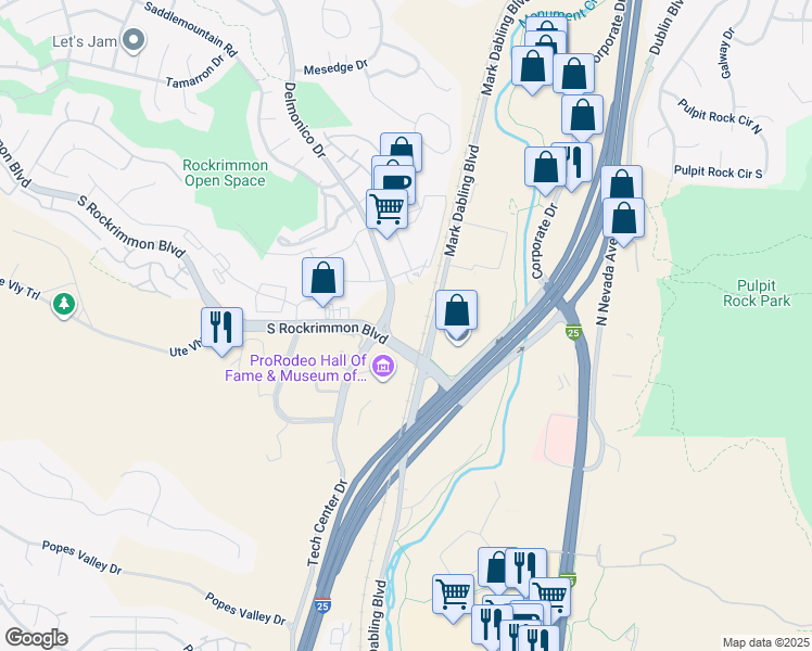 map of restaurants, bars, coffee shops, grocery stores, and more near 5919 Delmonico Dr in Colorado Springs