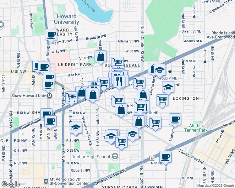 map of restaurants, bars, coffee shops, grocery stores, and more near 101 Independence Avenue Southeast in Washington