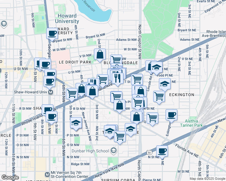 map of restaurants, bars, coffee shops, grocery stores, and more near 101 Independence Avenue Southeast in Washington
