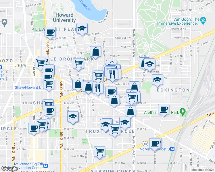 map of restaurants, bars, coffee shops, grocery stores, and more near 122 Seaton Place Northwest in Washington