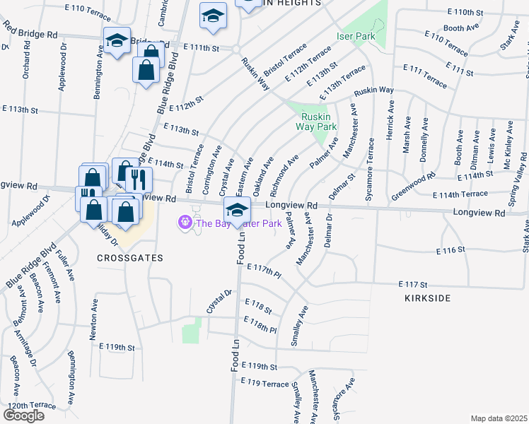 map of restaurants, bars, coffee shops, grocery stores, and more near 7417 Longview Road in Kansas City