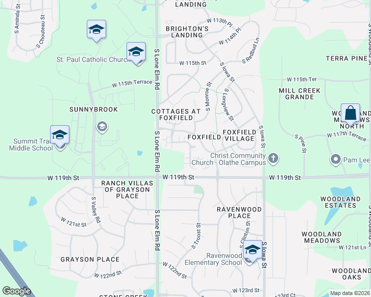 map of restaurants, bars, coffee shops, grocery stores, and more near 11777 South Marion Street in Olathe
