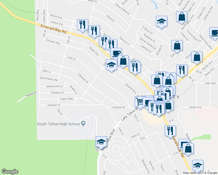 map of restaurants, bars, coffee shops, grocery stores, and more near 880 Tata Lane in South Lake Tahoe