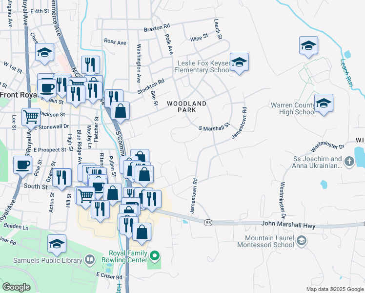 map of restaurants, bars, coffee shops, grocery stores, and more near 155 Pinecrest Street in Front Royal