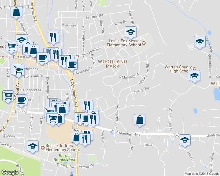 map of restaurants, bars, coffee shops, grocery stores, and more near 155 Pinecrest Street in Front Royal