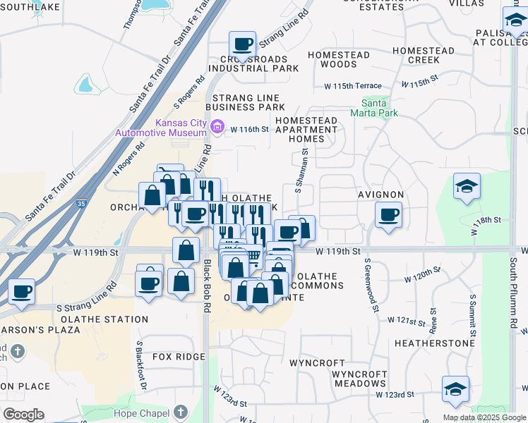 map of restaurants, bars, coffee shops, grocery stores, and more near 14808 West 117th Street in Olathe