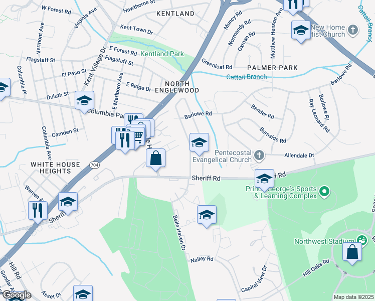 map of restaurants, bars, coffee shops, grocery stores, and more near 1780 Village Green Drive in Hyattsville