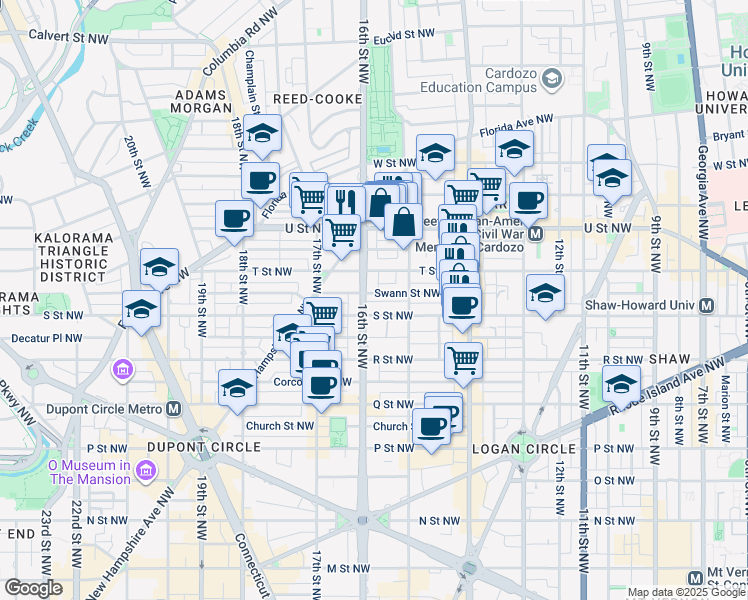 map of restaurants, bars, coffee shops, grocery stores, and more near 1813 16th Street Northwest in Washington