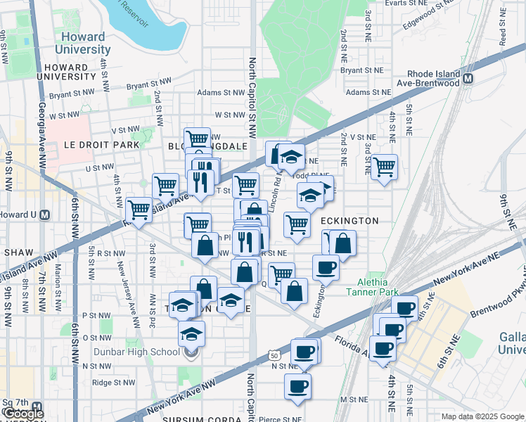 map of restaurants, bars, coffee shops, grocery stores, and more near 101 Independence Avenue Southeast in Washington