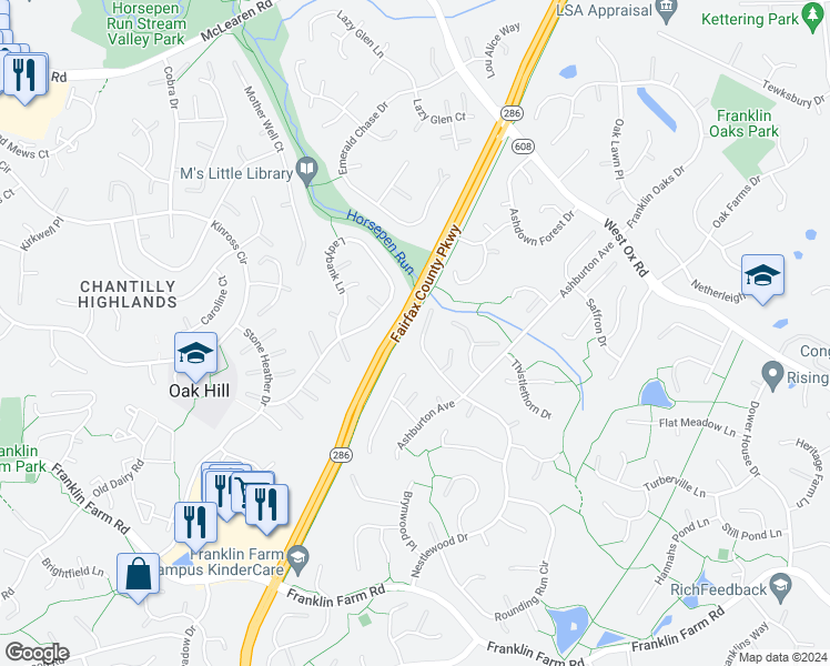 map of restaurants, bars, coffee shops, grocery stores, and more near 13019 Grey Friars Place in Herndon