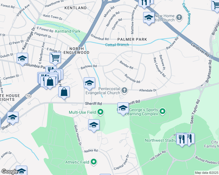 map of restaurants, bars, coffee shops, grocery stores, and more near 7604 Allendale Circle in Hyattsville