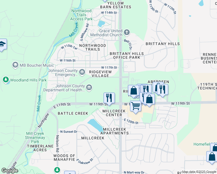 map of restaurants, bars, coffee shops, grocery stores, and more near 11811 South Sunset Drive in Olathe