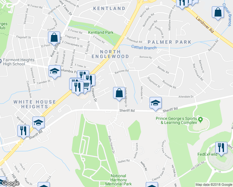 map of restaurants, bars, coffee shops, grocery stores, and more near 1780 Village Green Drive in Hyattsville