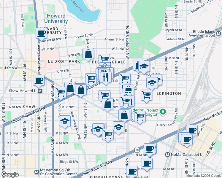 map of restaurants, bars, coffee shops, grocery stores, and more near 101 Independence Avenue Southeast in Washington